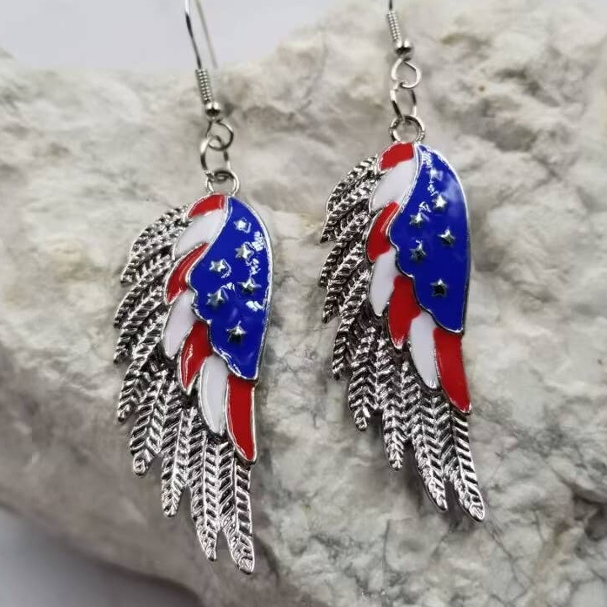 Silver Red White Blue Patriotic America Americana Wing Dangle Earrings